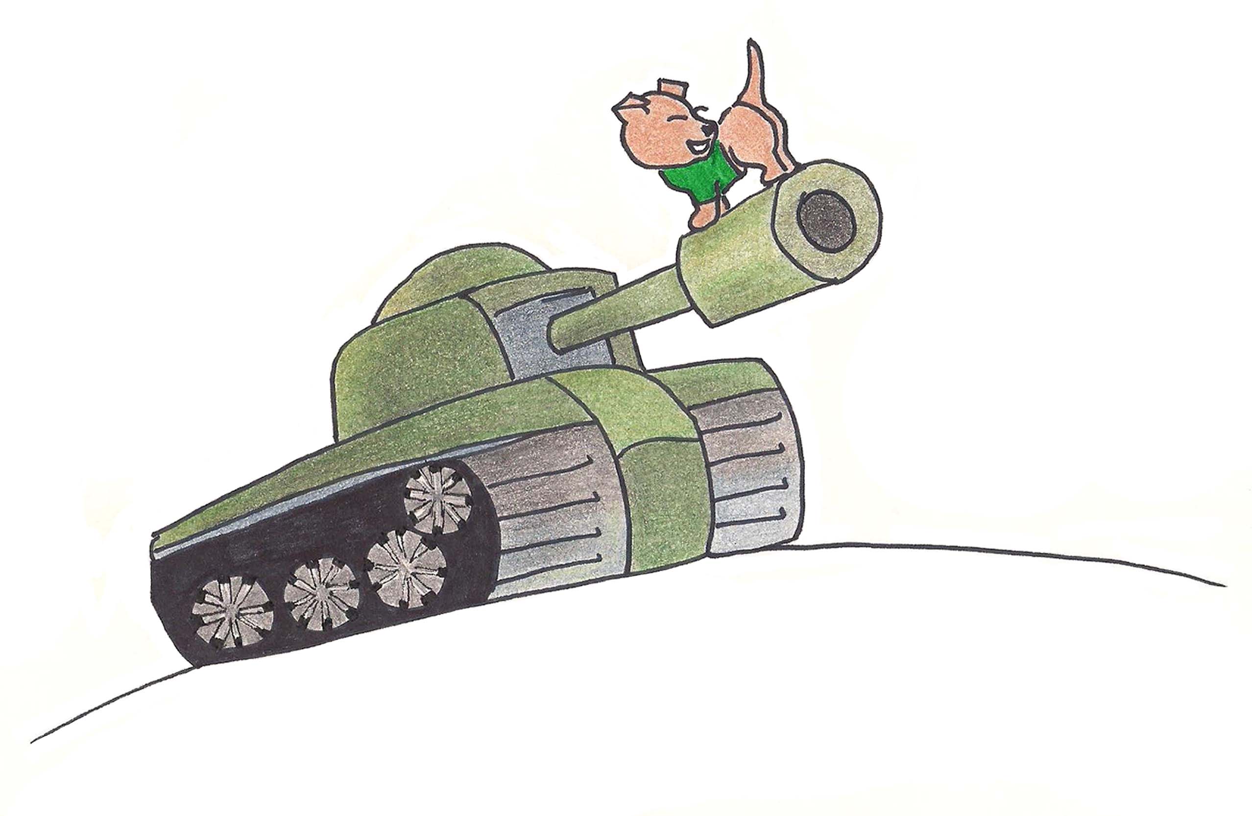 Toby stands atop a tank, tail pointed toward the enemy.