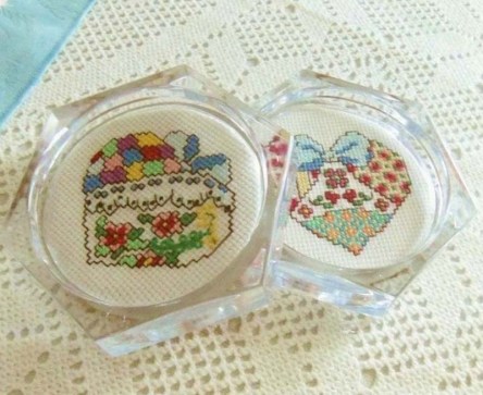 Handmade cross stitched patchwork hearts acrylic coaster set.