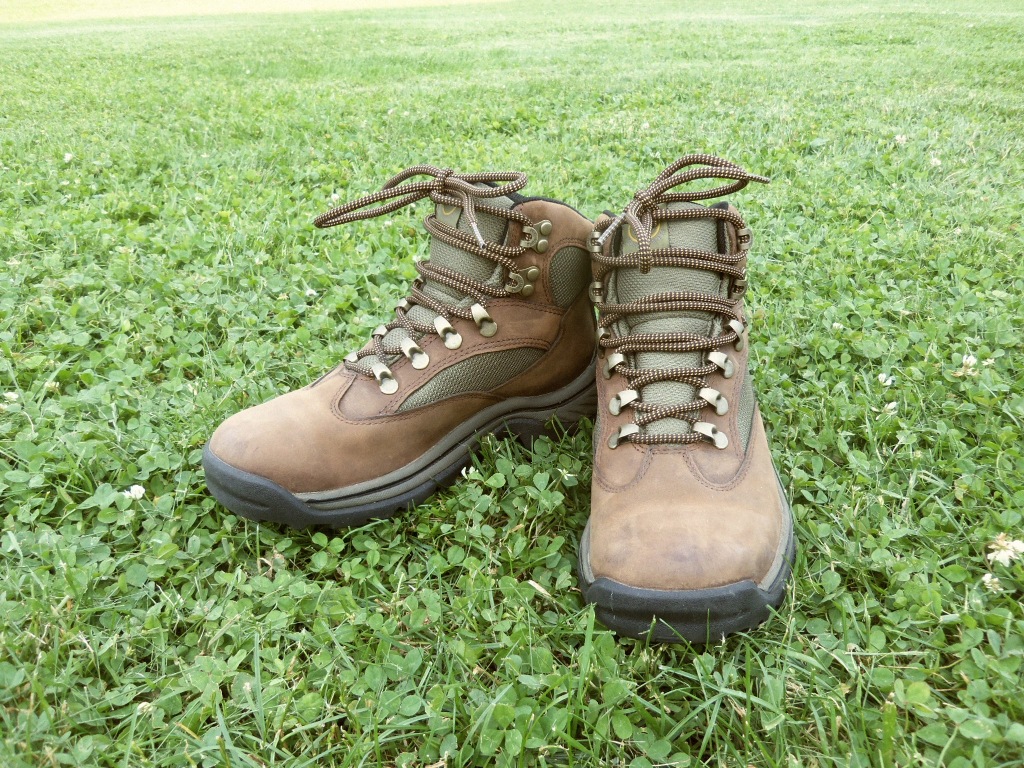 Pair of boots sitting on grass.
