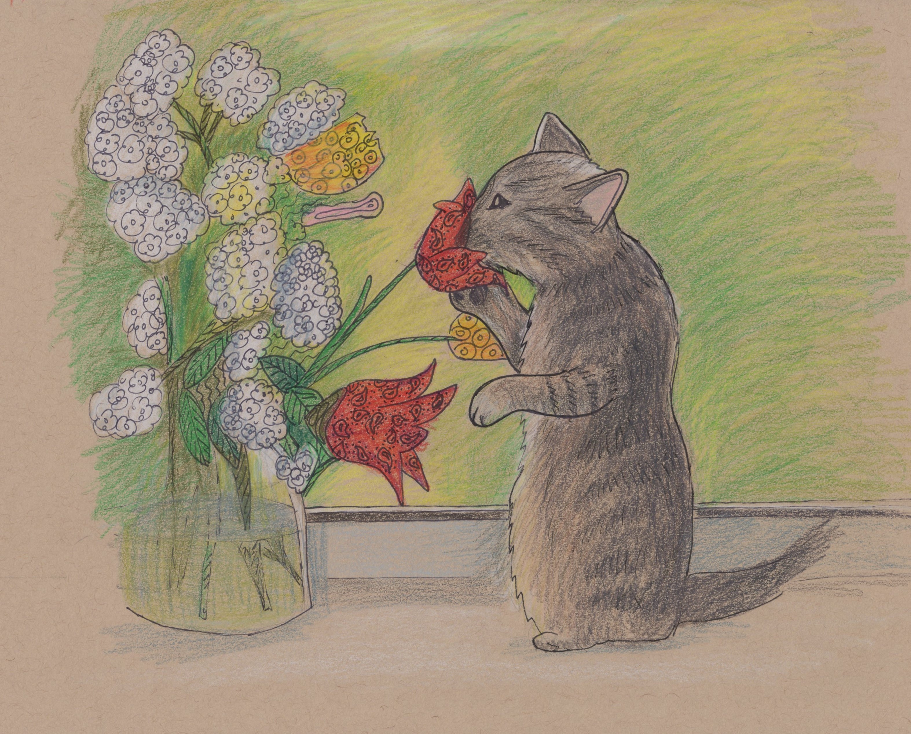 Sketch of kitty sniffing flowers