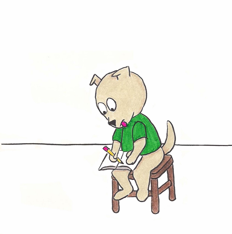 Little dog sits on chair and writes in his diary.
