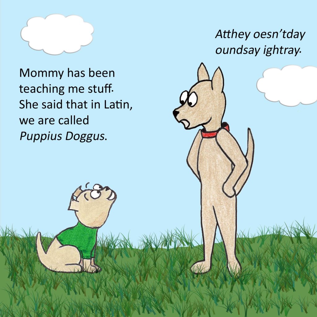 Mommy has been teaching me stuff. She said that in Latin, we are called Puppius Doggus Atthey oesn'tday oundsay ightray.