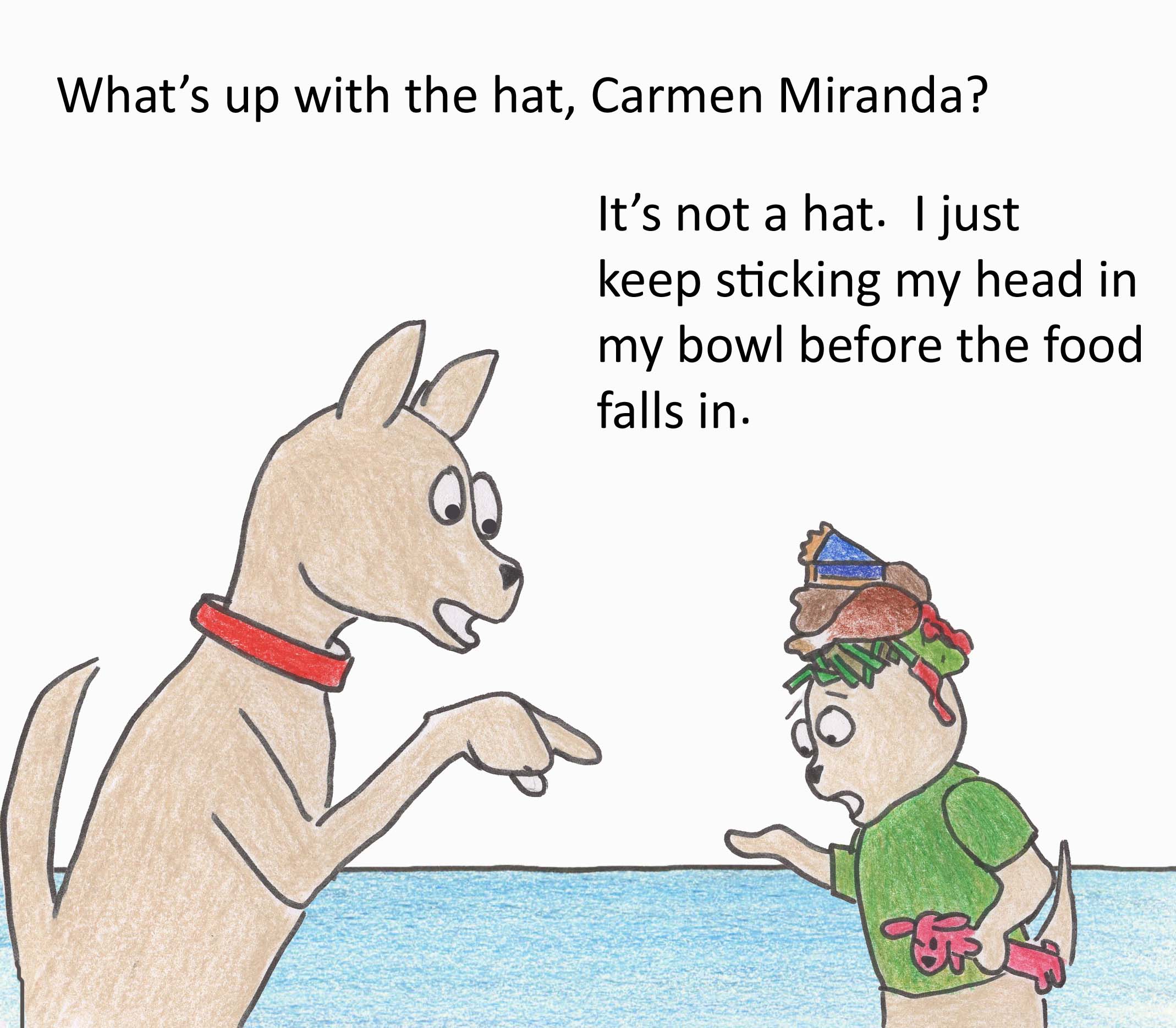 What's up with the hat, Carmen Miranda? It's not a hat. I just keep sticking my head in my bowl before the food falls in.